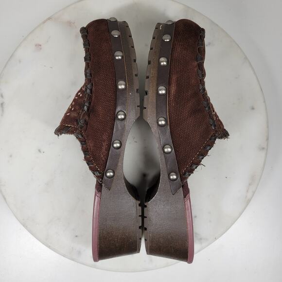 Vintage Mudd Y2K Mules Womens 9 Brown Floral Embroidery Rivets Wooden Platform - Picture 8 of 14